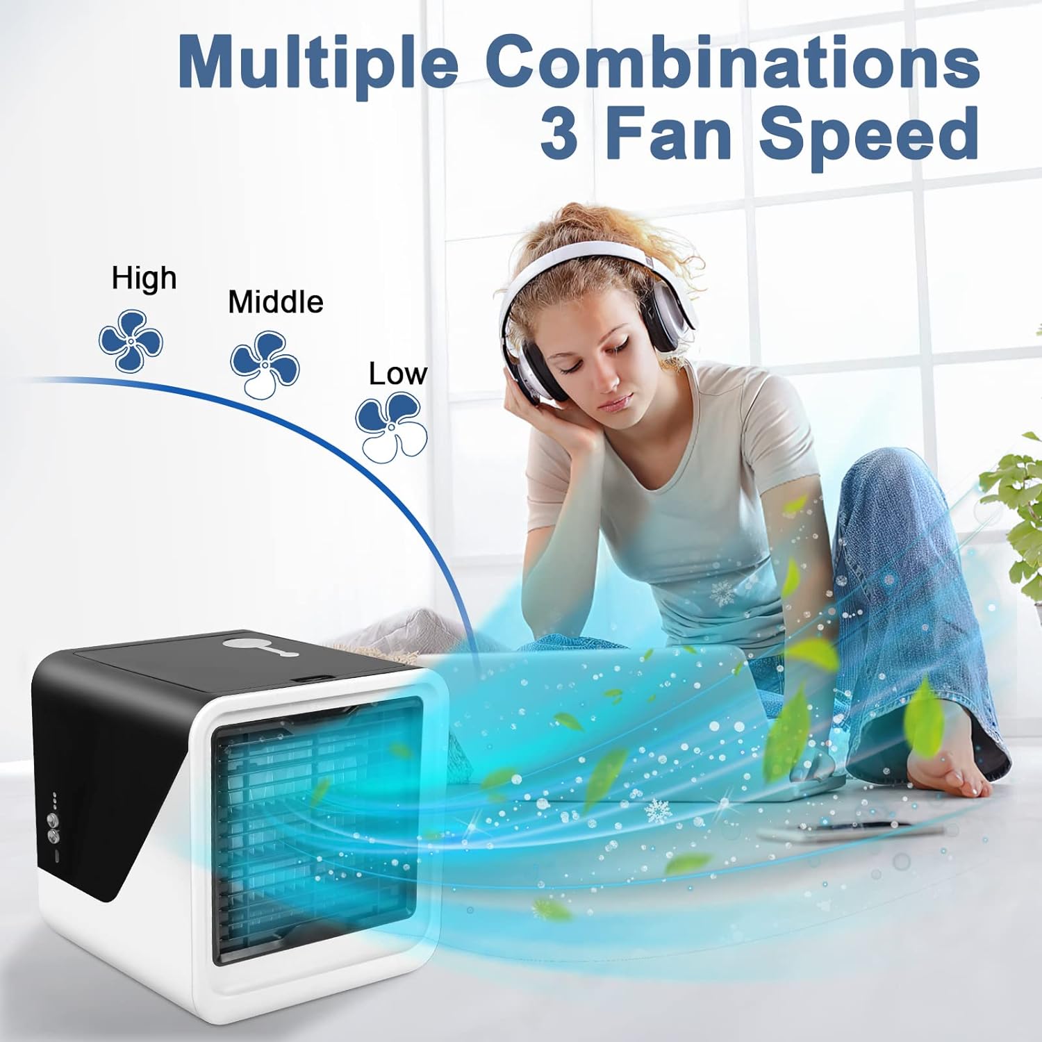 Personal Air Conditioner, Small Desk Fan, Portable Mini USB Cooler, 3 in 1 Evaporative Conditioner with 7 LED Light/Humidifier/Purifier/3 Speeds Desktop for Home, Office, Room - Amazing Gadgets Outlet