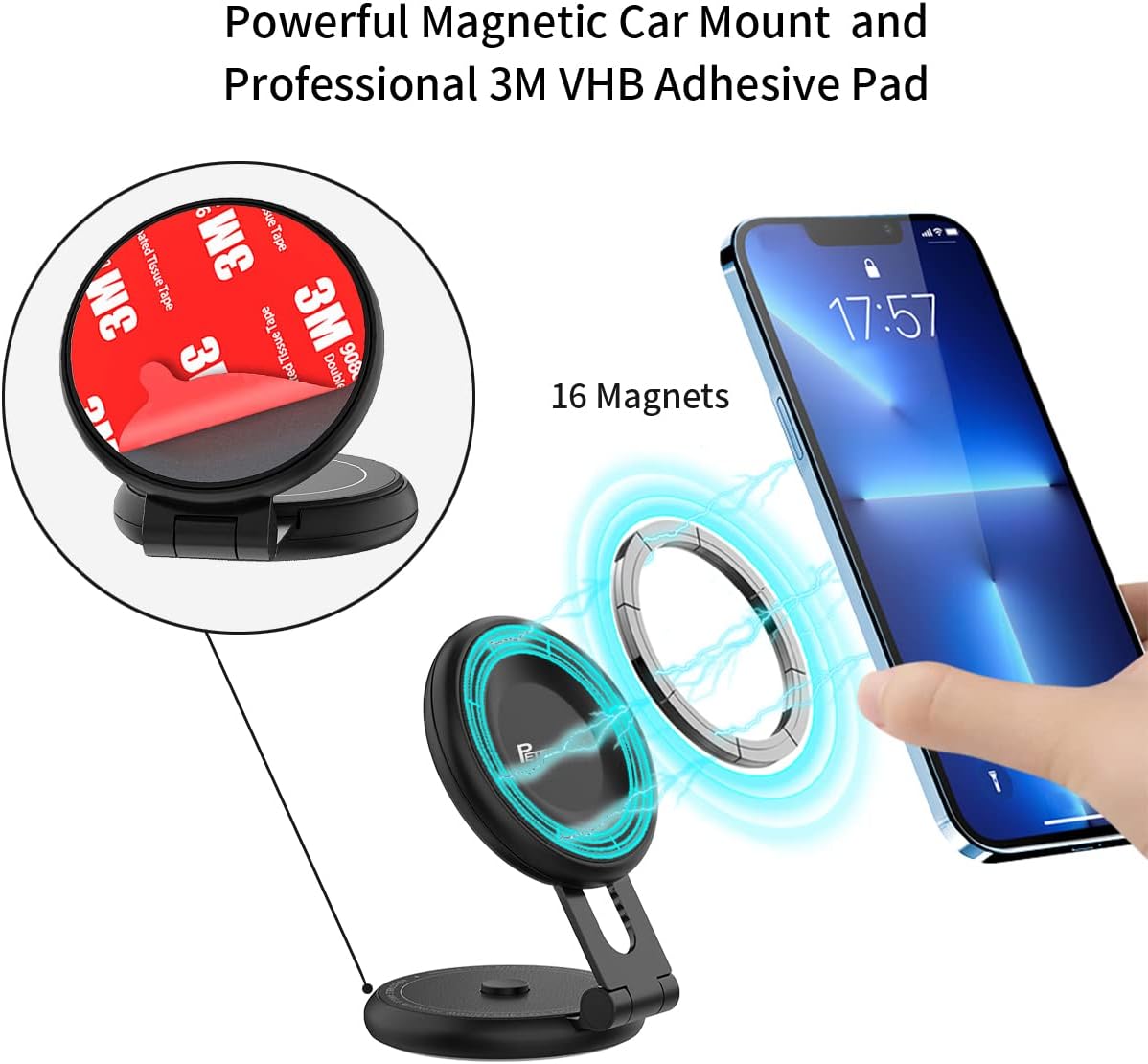 PETERONG Car Cellphone Mount Magnetic Compatible with MagSafe for Tesla Model 3/Y/Mustang Mach - E, Car Phone Holder Foldable Invisible Cradle Stand Sticky Adhesive 360° for iPhone 15/14/13/12(Black) - Amazing Gadgets Outlet