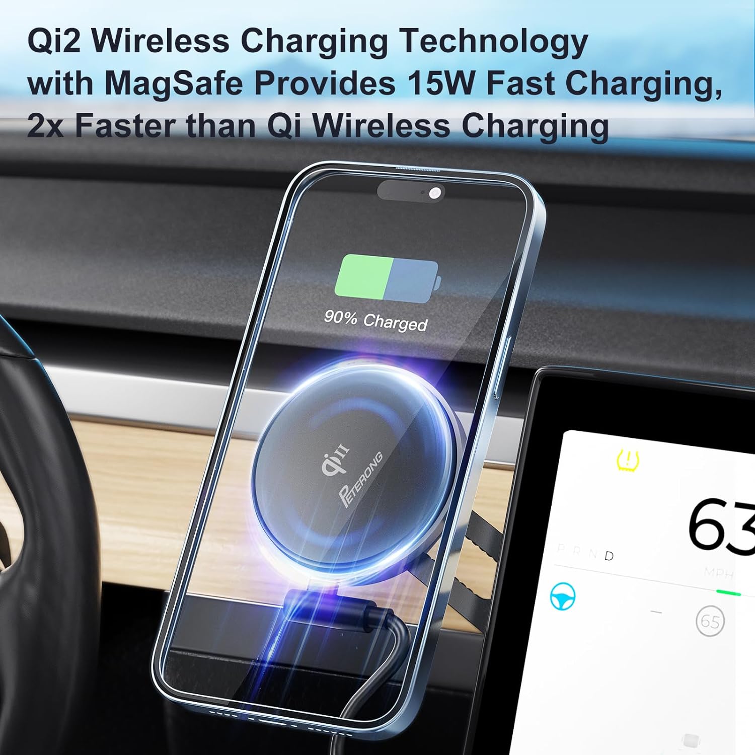 PETERONG Qi2 Wireless Car Phone Charger Mount Compatible with MagSafe for Tesla Model 3/Y, 15W Fast Charging Car Phone Holder Foldable Invisible Cradle Sticky Adhesive 360° for iPhone 15/14/13/12 - Amazing Gadgets Outlet