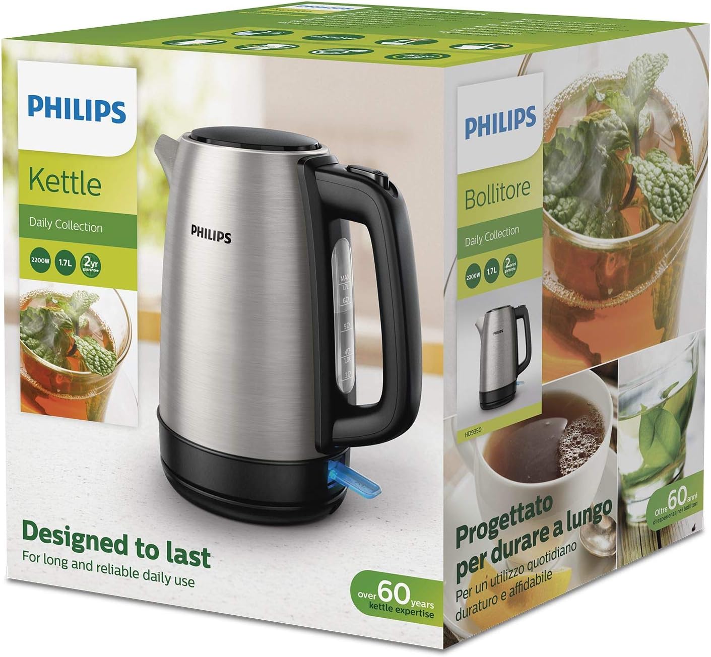 Philips Electric Kettle - 1.7L Capacity with Spring Lid and Indicator Light, Stainless Steel, Pirouette Base (HD9350/92), Silver - Amazing Gadgets Outlet