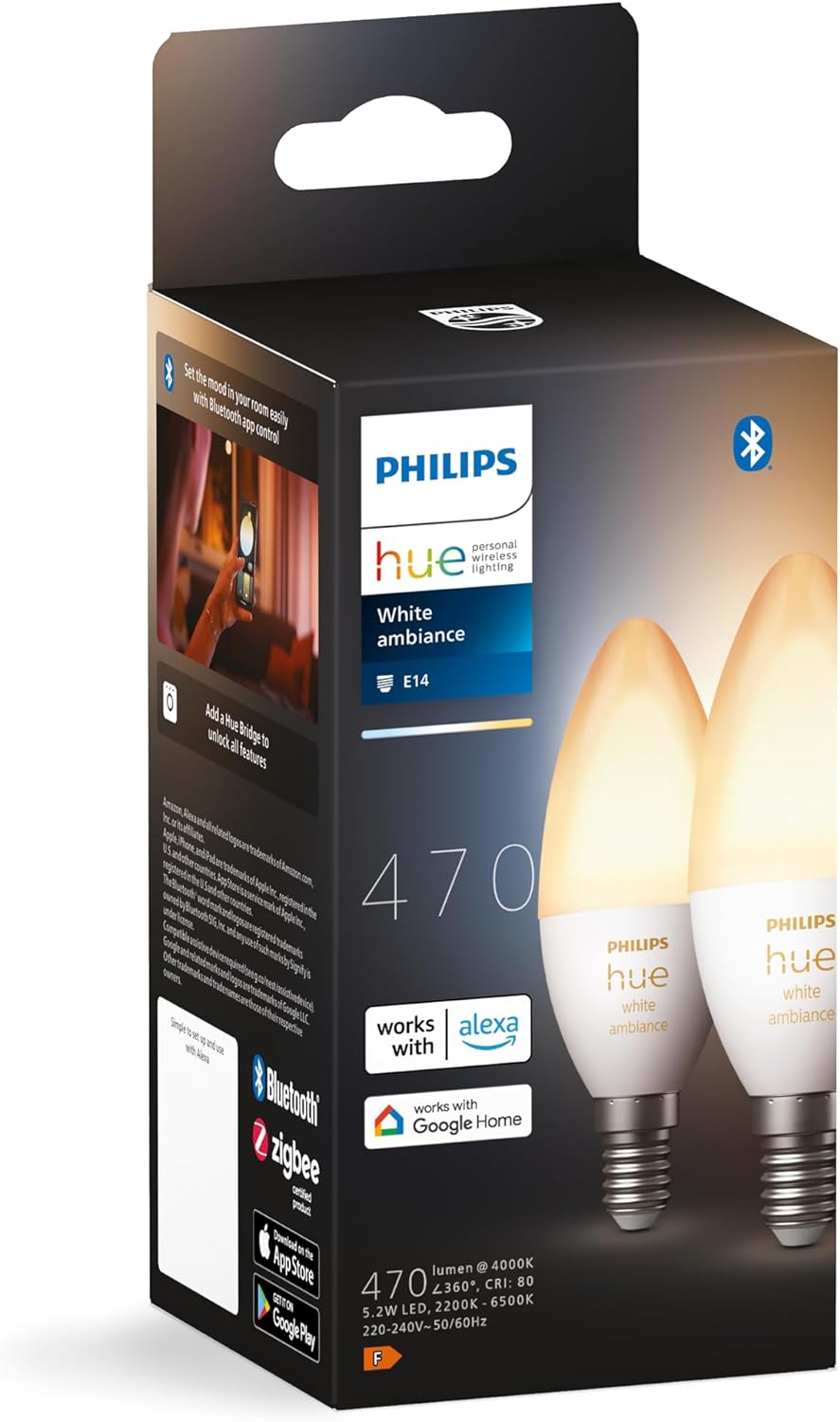 Philips Hue NEW White Ambiance Smart Light Bulb 2 Pack [E14 Small Edison Screw] Works with Alexa, Google Assistant and Apple Homekit. For Indoor Home Lighting, Livingroom and Bedroom. - Amazing Gadgets Outlet