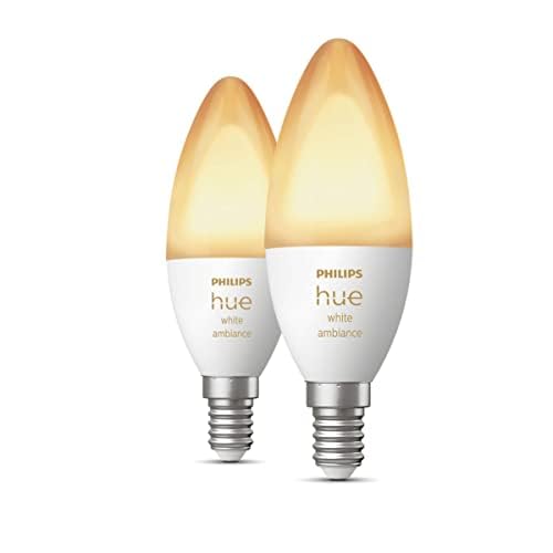 Philips Hue NEW White Ambiance Smart Light Bulb 2 Pack [E14 Small Edison Screw] Works with Alexa, Google Assistant and Apple Homekit. For Indoor Home Lighting, Livingroom and Bedroom. - Amazing Gadgets Outlet