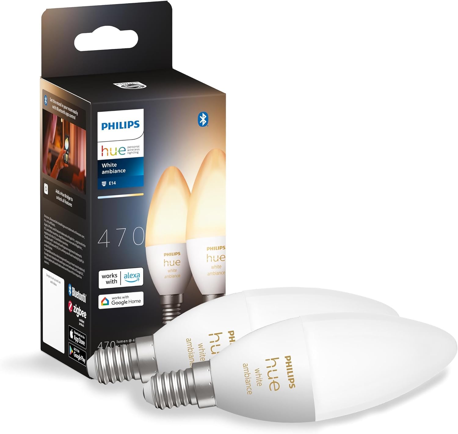 Philips Hue NEW White Ambiance Smart Light Bulb 2 Pack [E14 Small Edison Screw] Works with Alexa, Google Assistant and Apple Homekit. For Indoor Home Lighting, Livingroom and Bedroom. - Amazing Gadgets Outlet