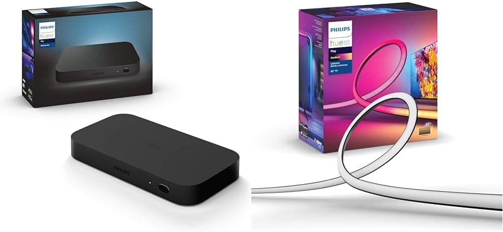 Philips Hue Play HDMI Sync Box Bundle, Includes Hue White and Colour Ambiance Gradient Lightstrip (65inch), Surround Lighting for TV Entertainment & Gaming Compatible with Alexa - Amazing Gadgets Outlet