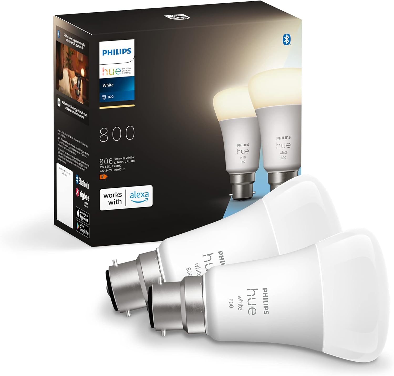 Philips Hue White LED Smart Light Bulb 2 Pack [B22 Bayonet Cap] Warm White - for Indoor Home Lighting, Compatible with Amazon Alexa Devices - Amazing Gadgets Outlet