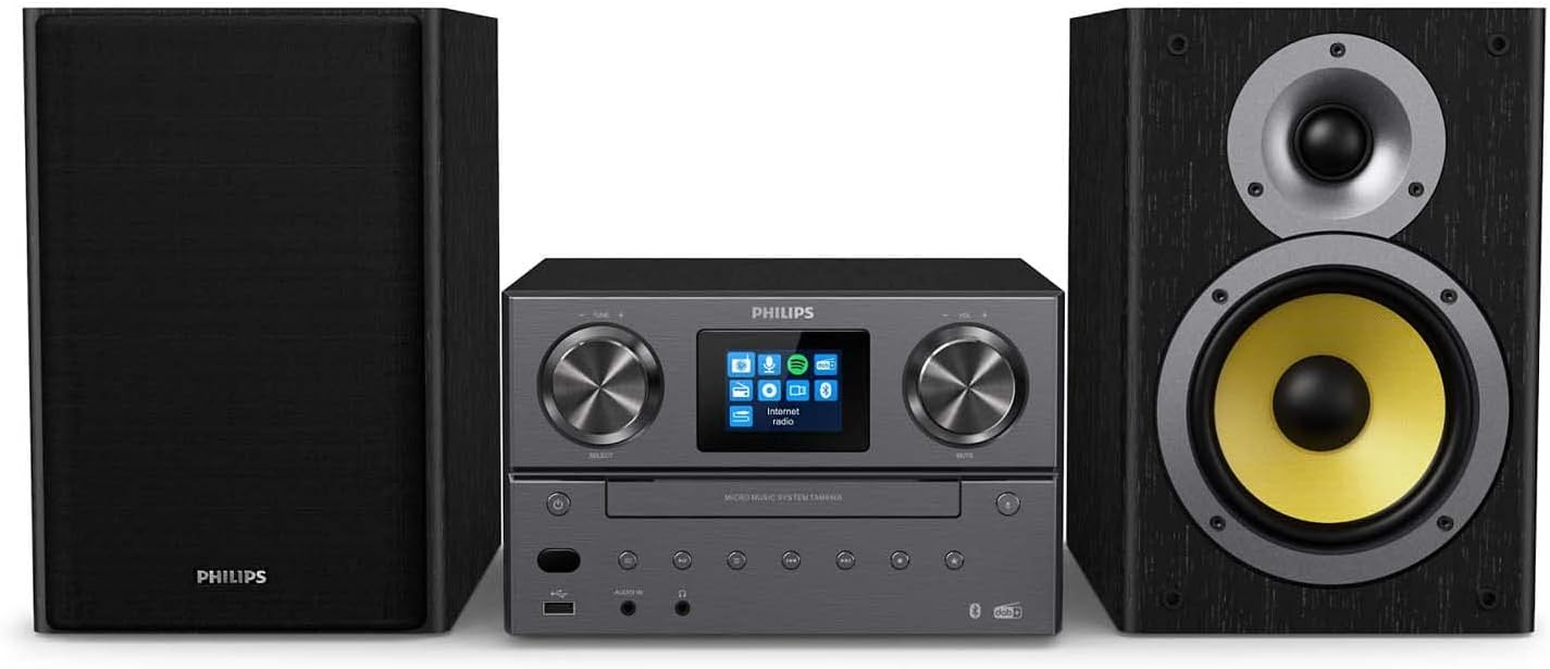 PHILIPS M8905/10 Micro Music System with Bluetooth and DAB+/FM Internet Radio (USB, Spotify Connect, CD, MP3 - CD, 100 W, Bass - Reflex Loudspeakers, Digital Sound Control) - 2020/2021 Model, Black, 100 W - Amazing Gadgets Outlet