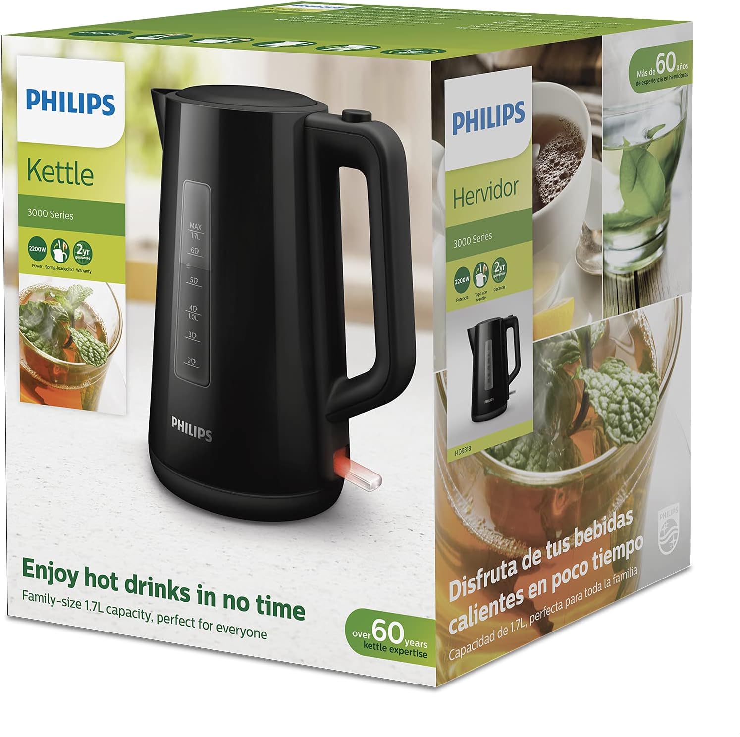 Philips Series 3000 Kettle, 1850 W, 1.7 litre Family Size, Spring Lid, Fast Boiling, Light Indicator, Removable Filter, Pirouette Base, Water and Cup Indicator, Easy Refilling, Black (HD9318/21) - Amazing Gadgets Outlet