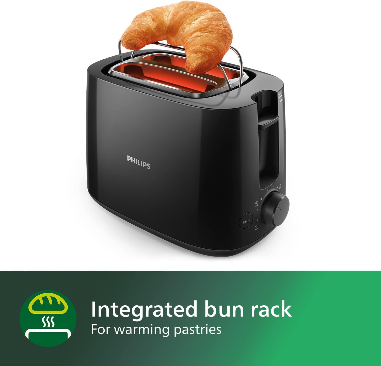 Philips Toaster - 2 Slots, 8 Settings, Bun Rack, Defrost, High Lift, Auto Shut - off, Black (HD2581/91) - Amazing Gadgets Outlet