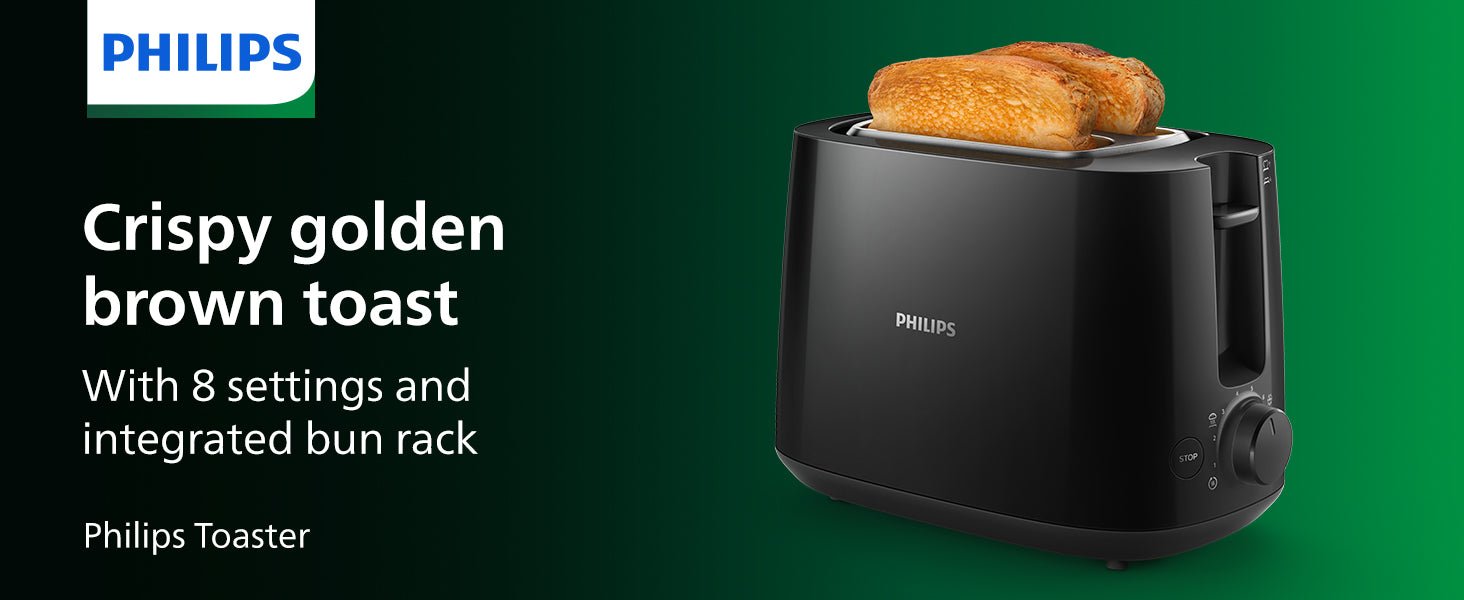 Philips Toaster - 2 Slots, 8 Settings, Bun Rack, Defrost, High Lift, Auto Shut - off, Black (HD2581/91) - Amazing Gadgets Outlet