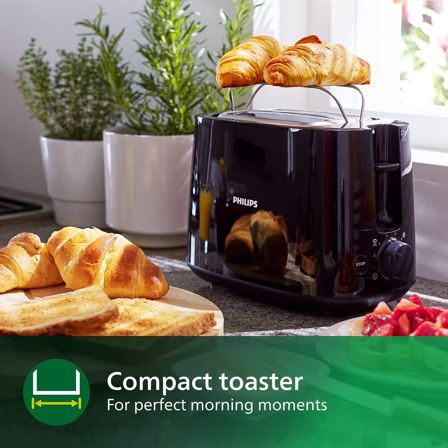 Philips Toaster - 2 Slots, 8 Settings, Bun Rack, Defrost, High Lift, Auto Shut - off, Black (HD2581/91) - Amazing Gadgets Outlet