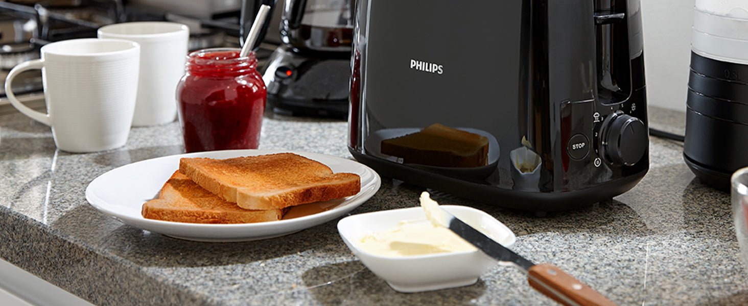 Philips Toaster - 2 Slots, 8 Settings, Bun Rack, Defrost, High Lift, Auto Shut - off, Black (HD2581/91) - Amazing Gadgets Outlet