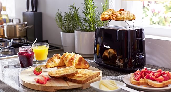 Philips Toaster - 2 Slots, 8 Settings, Bun Rack, Defrost, High Lift, Auto Shut - off, Black (HD2581/91) - Amazing Gadgets Outlet