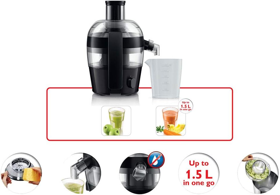 Philips Viva Collection Compact Juicer, 1.5 Litre, 500 Watt, Quick Clean Technology, Drip Stop, Dishwasher Safe Parts, See - through Pulp Container, Direct Serve, Black (HR1832/01) - Amazing Gadgets Outlet