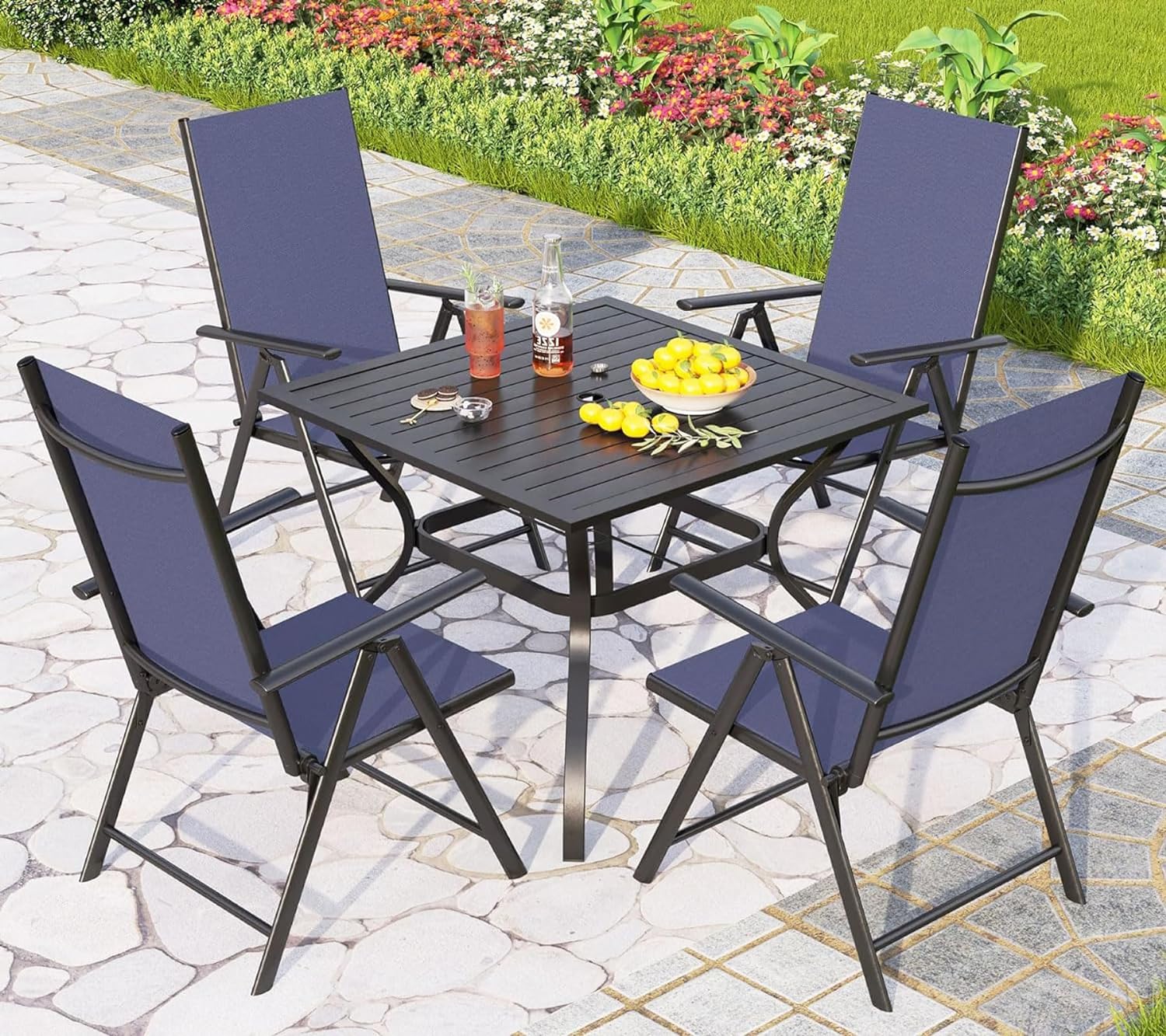 PHIVILLA Garden Table and Chairs Set 4, Outdoor Patio Garden Furniture Sets, Garden Dining Furniture Set with Adjustable Foldable Garden Chairs & Metal Steel Table for Garden,Yard and Deck, Blue   Import  Single ASIN  Import  Multiple ASIN ×Produ - Amazing Gadgets Outlet