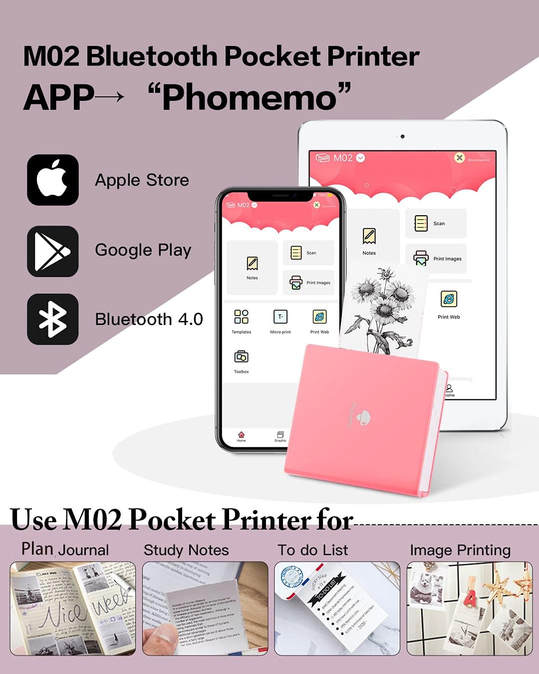 Phomemo M02 Printer - Mini Thermal Sticker Printer, Instant Photo Printer, Small Bluetooth Wireless Picture Printer, Portable Pocket Printer for Children, Compatible with Phone & Tablet, Pink - Amazing Gadgets Outlet