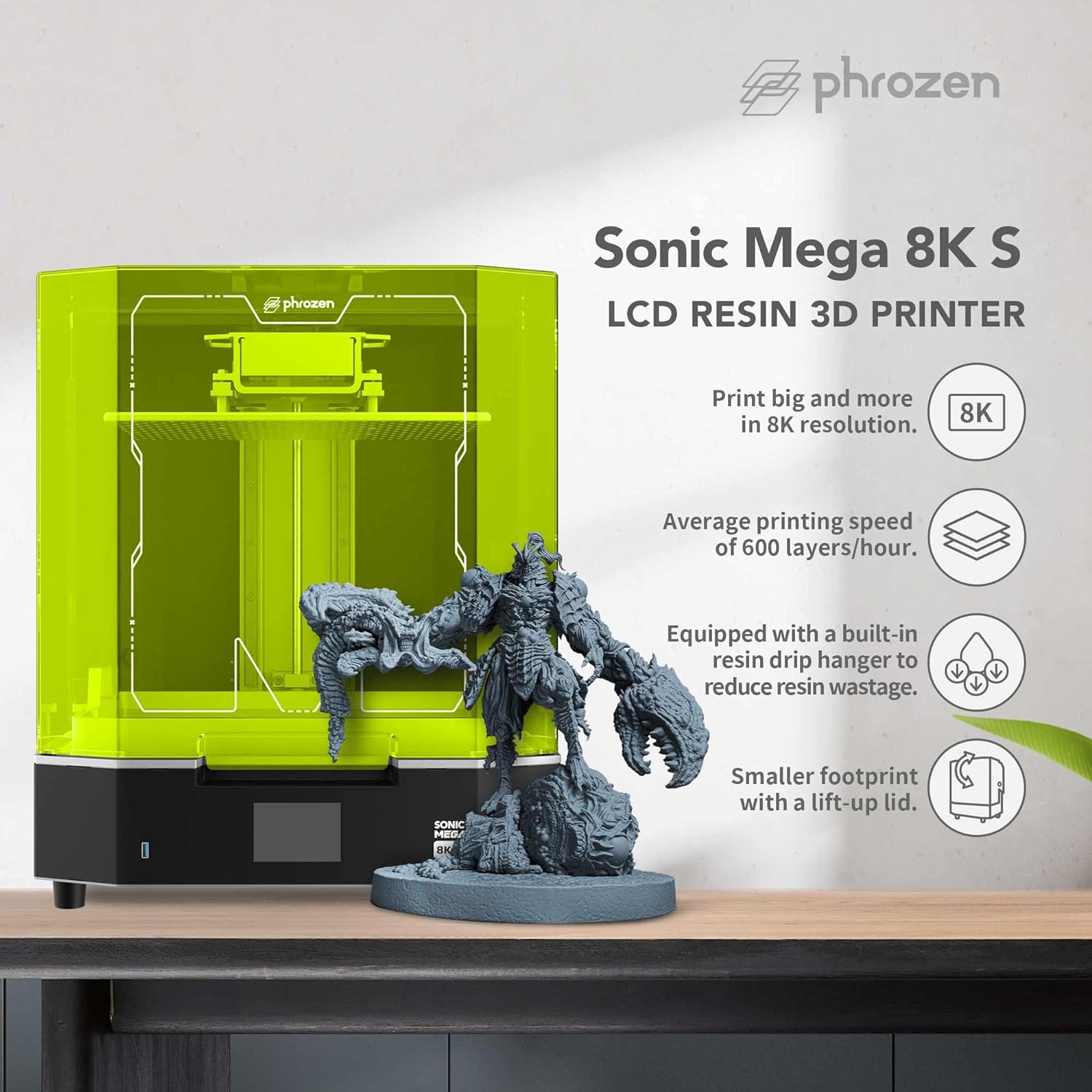 phrozen Sonic Mega 8K S LCD 3D Printer, 8K Mono 15" LCD UV Resin Printer with ACF Release Film, 43 µm Resolution High Productivity, L33 X W18.5 x H30 cm Printing Volume - Amazing Gadgets Outlet