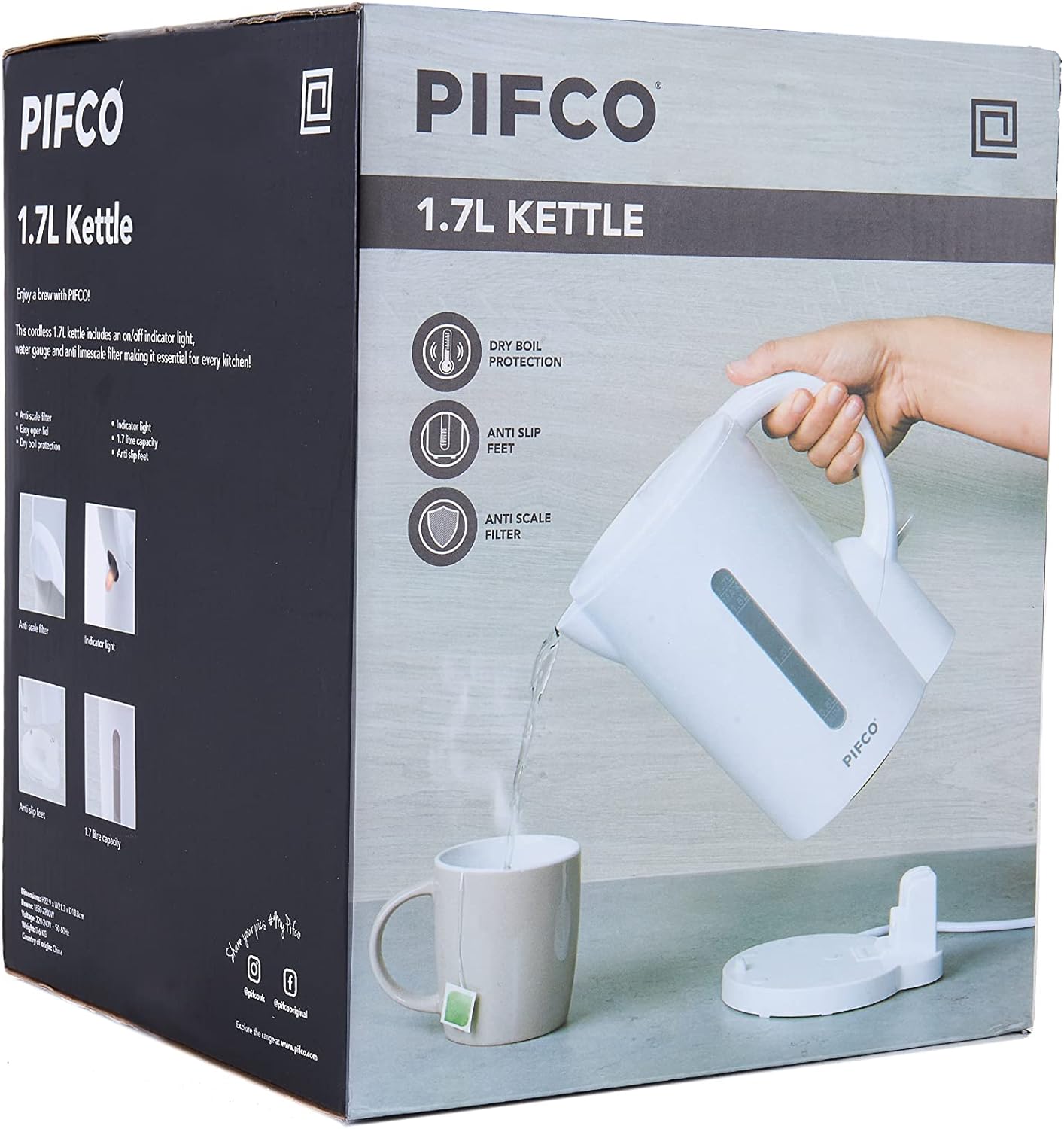 Pifco 1.7L White Kettle - Lightweight Cordless Design, 2200W Electric Kettle, Automatic Shut - off and Boil - dry Protection - Removable Anti - Scale Filter - Easy To Use - Ideal For Small Kitchen - Amazing Gadgets Outlet