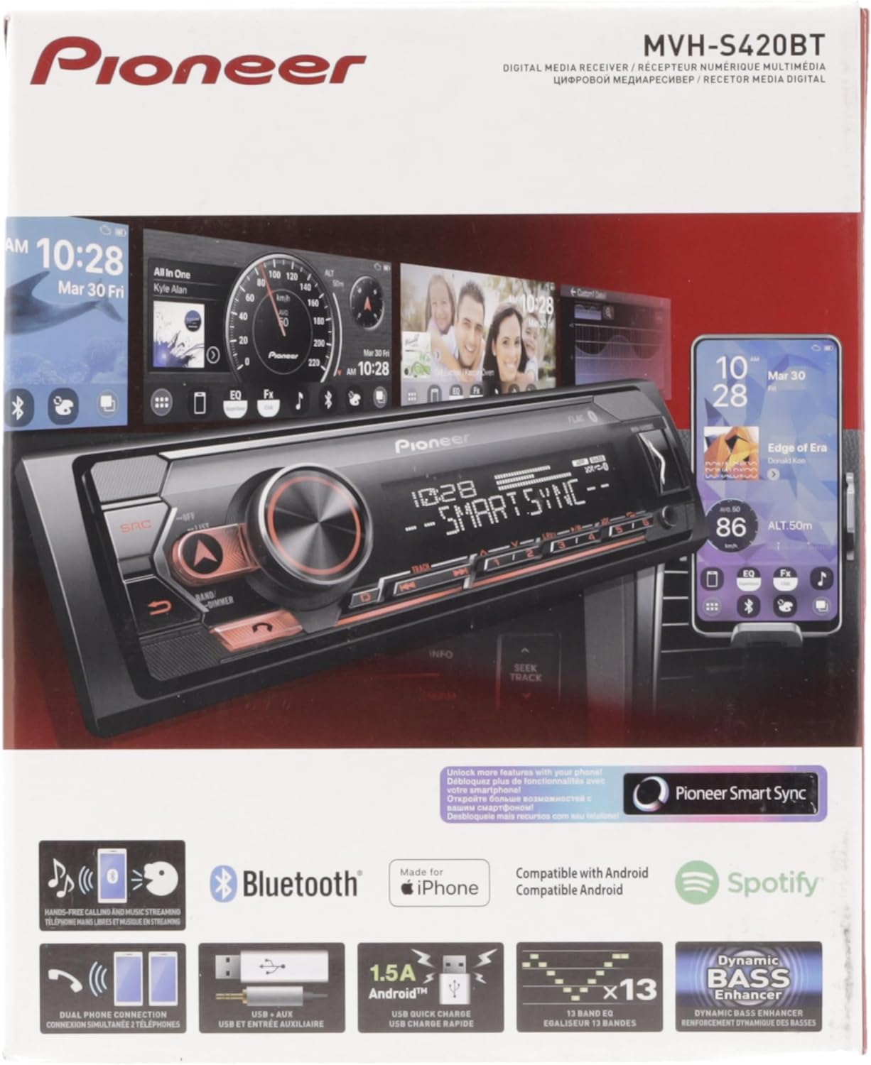 PIONEER 1 - DIN receiver with Bluetooth, Red/White illumination, USB/3.5mm Jack, Spotify, Pioneer Smart Sync App and compatible with Apple and Android devices, Red/Black, MVH - S420BT - Amazing Gadgets Outlet