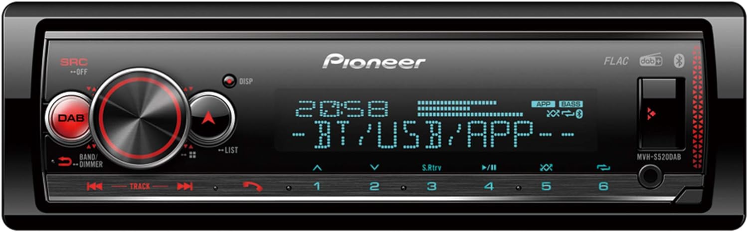 PIONEER 1 - DIN receiver with Bluetooth, Red/White illumination, USB/3.5mm Jack, Spotify, Pioneer Smart Sync App and compatible with Apple and Android devices, Red/Black, MVH - S420BT - Amazing Gadgets Outlet