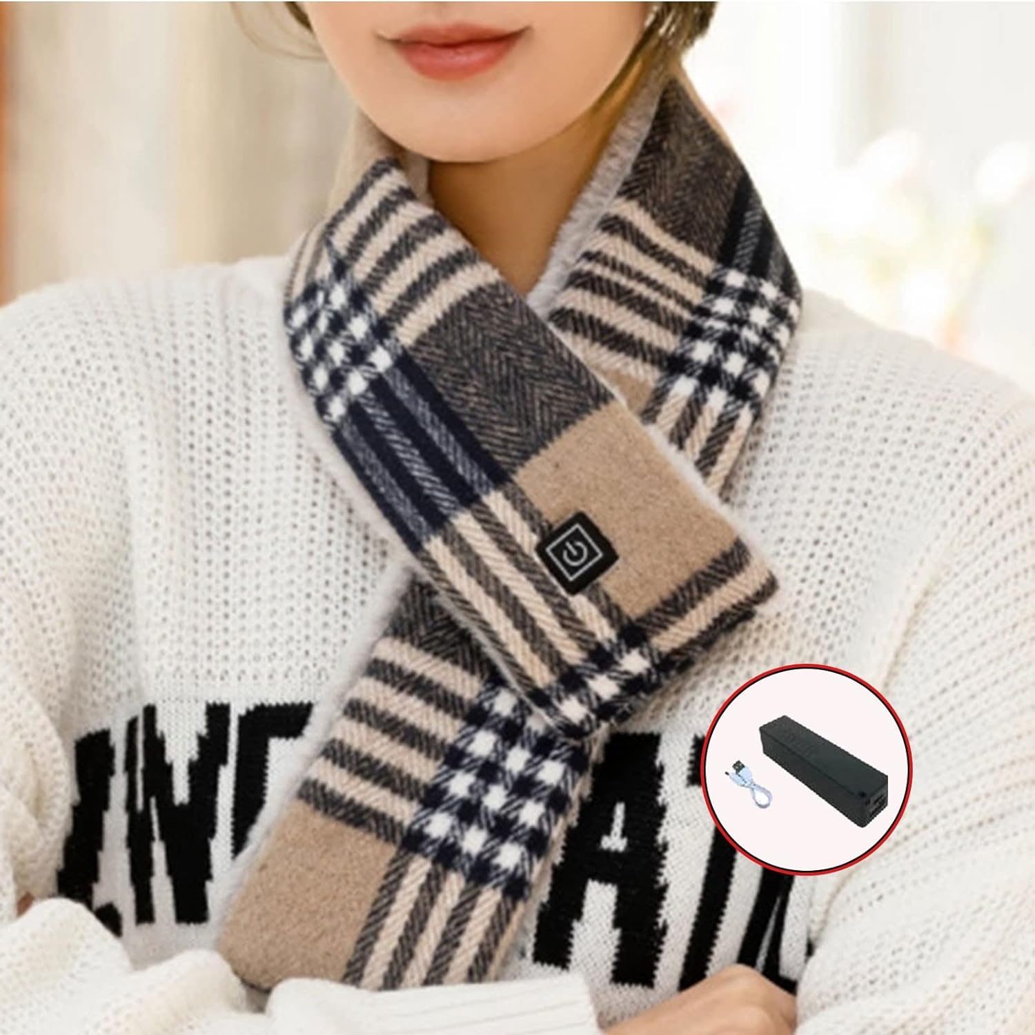 Plaid Heating Scarf with Power Bank Clearance USB Charging Heated Scarves for Men Women Rechargeable Electric Winter Neck Warmer with 3 Heating Levels Washable Smart Charging Thermal Neckerchief - Amazing Gadgets Outlet