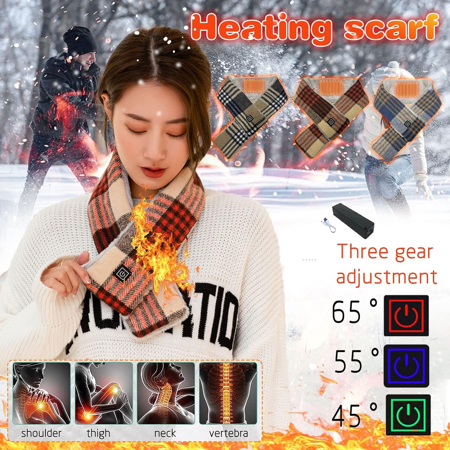 Plaid Heating Scarf with Power Bank Clearance USB Charging Heated Scarves for Men Women Rechargeable Electric Winter Neck Warmer with 3 Heating Levels Washable Smart Charging Thermal Neckerchief - Amazing Gadgets Outlet