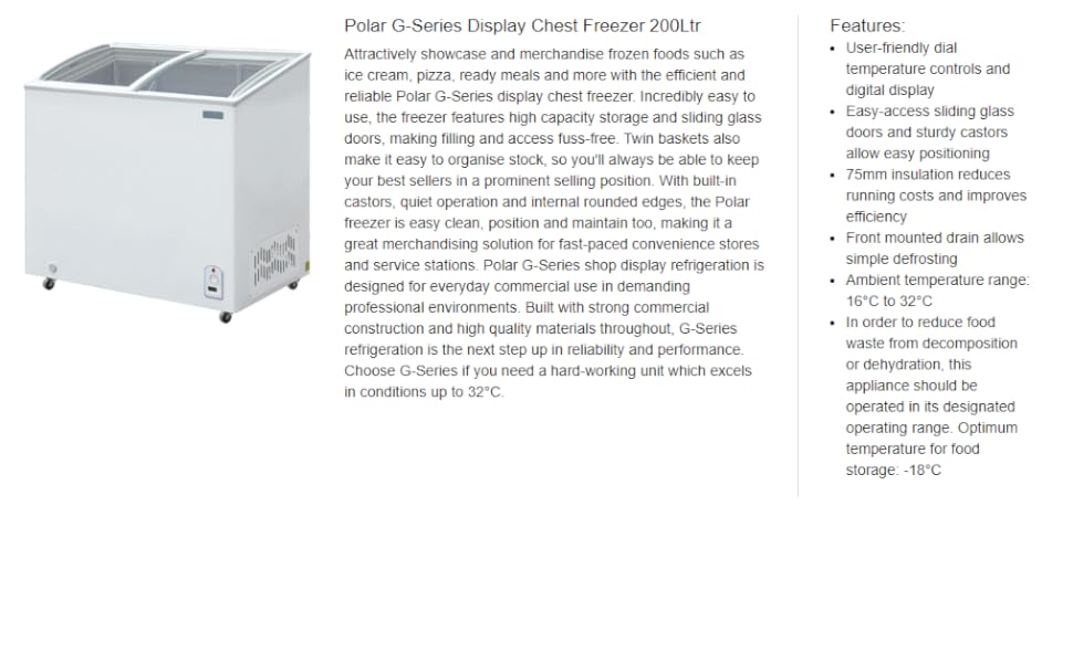 Polar Refrigeration G - Series 200W Display Chest Deep Freezer 200 Litre, White, - 24°C to - 18°C, 920(H)x953(W)x553(D)mm, 3 Storage Baskets Included, Sturdy Castors, Energy Rating C | GM498 - Amazing Gadgets Outlet