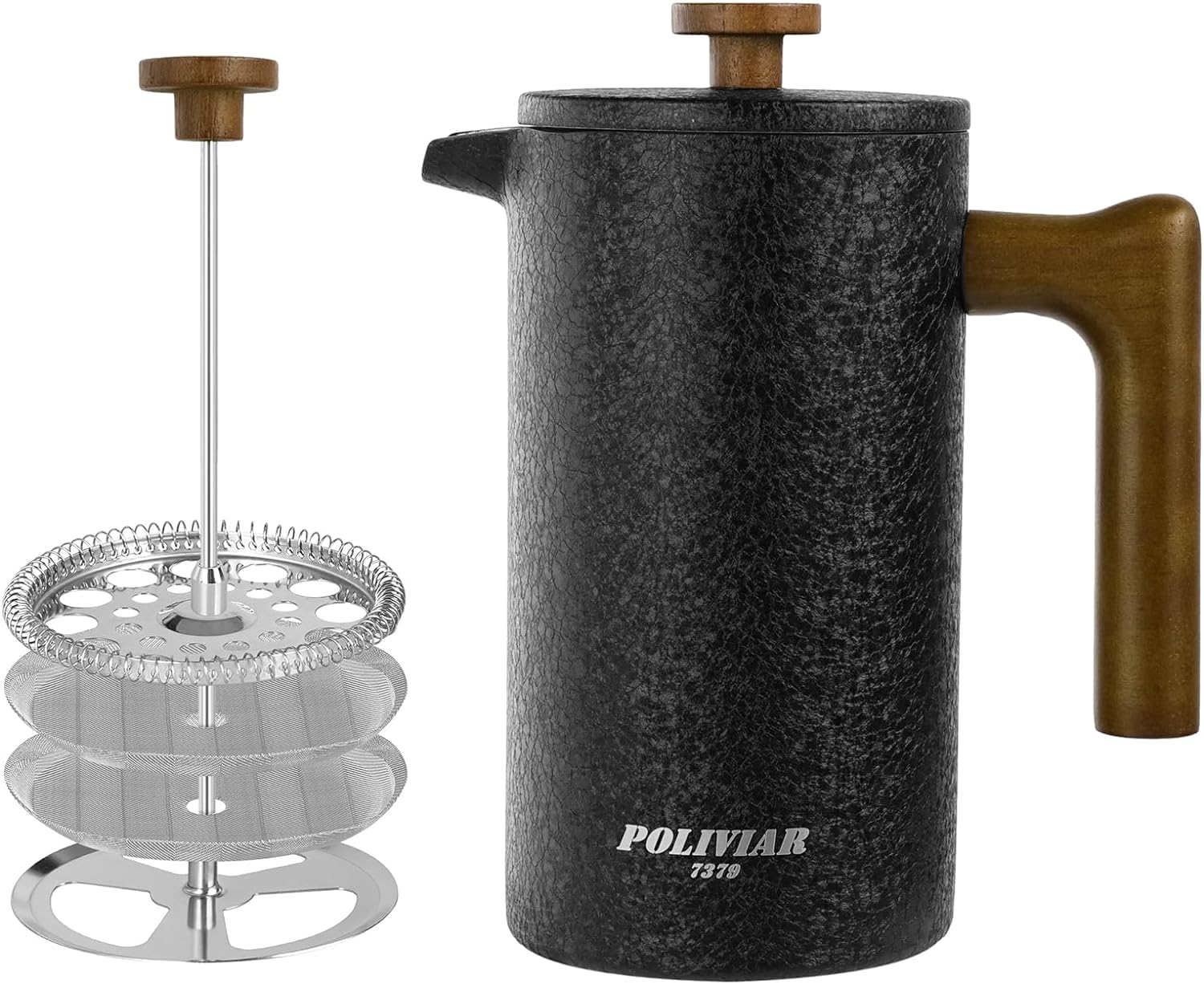 POLIVIAR Cafetiere 8 Cup - French Press Coffee Maker with Wood Handle - Double Walled Insulated Cafetiere &1 Extra Filter - Stainless Steel Cafetiere for Coffee and Tea (1 L) - Amazing Gadgets Outlet