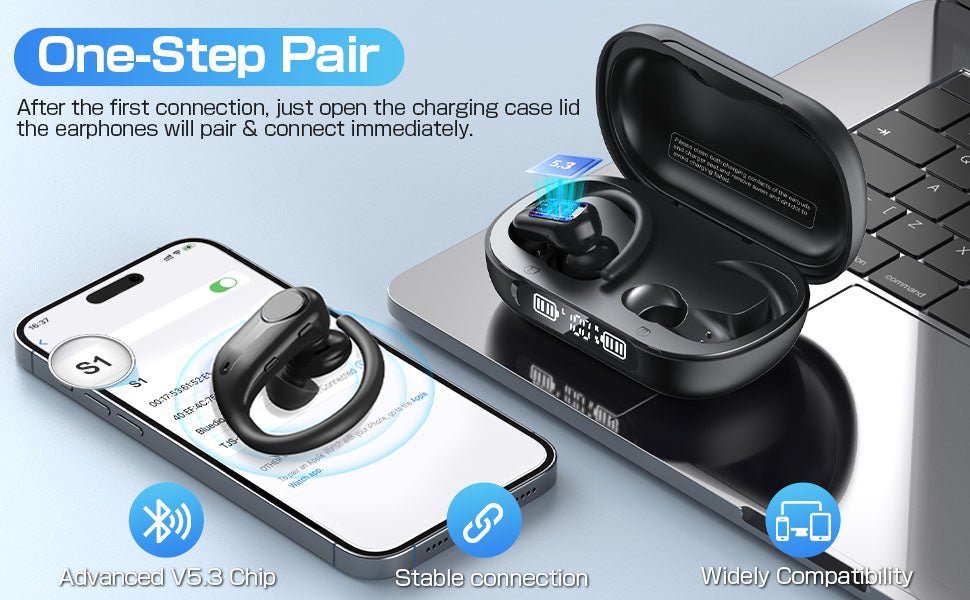 Pollway Wireless Earbuds, In - Ear Bluetooth 5.3 Wireless Earphones with 1800mAh Charging Case, 88H Playtime, LED Display, Soft Ear Hook, ENC Noise Cancelling IPX7 Waterproof Headphones - Black - Amazing Gadgets Outlet