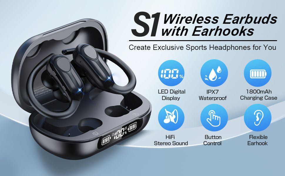 Pollway Wireless Earbuds, In - Ear Bluetooth 5.3 Wireless Earphones with 1800mAh Charging Case, 88H Playtime, LED Display, Soft Ear Hook, ENC Noise Cancelling IPX7 Waterproof Headphones - Black - Amazing Gadgets Outlet