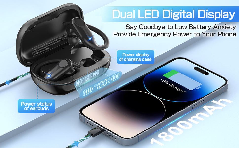 Pollway Wireless Earbuds, In - Ear Bluetooth 5.3 Wireless Earphones with 1800mAh Charging Case, 88H Playtime, LED Display, Soft Ear Hook, ENC Noise Cancelling IPX7 Waterproof Headphones - Black - Amazing Gadgets Outlet