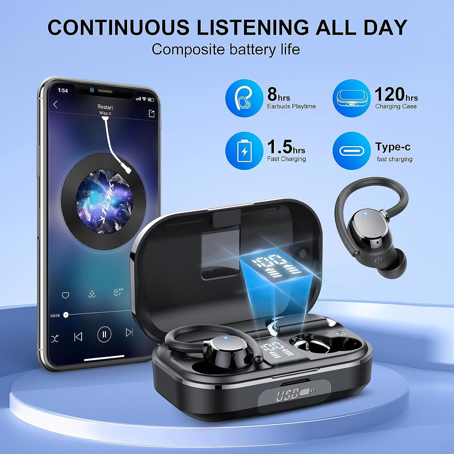 POMUIC Wireless Earbuds, HiFi Stereo Sound Bluetooth 5.3 Wireless Headphones with 4 ENC Noise Cancelling Mic, IP7 Waterproof Earbuds, 40 Hours Playtime with LED Display, For Sports/Travel/Work - Amazing Gadgets Outlet