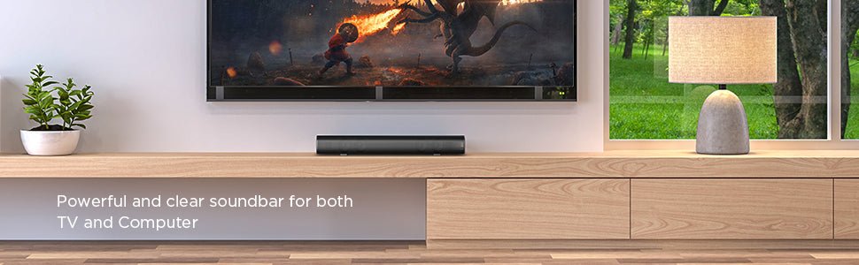 Popozono 2.0ch Soundbar, 16 - inch Small Sound Bar for TV, PC Soundbar Built - in DSP & 3D Surround Sound, 3 EQ Modes, Wireless Bluetooth 5.0, Optical, AUX, Remote Control & Wall Mountable - 50W / 110dB - Amazing Gadgets Outlet