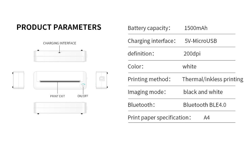 Portable A4 Thermal Printer, Bluetooth Thermal Printer for Travel, Support 90 Sheets Letter and A4 Paper, Compatible with Android and iOS Phone and Laptop for Mobile Office - Amazing Gadgets Outlet