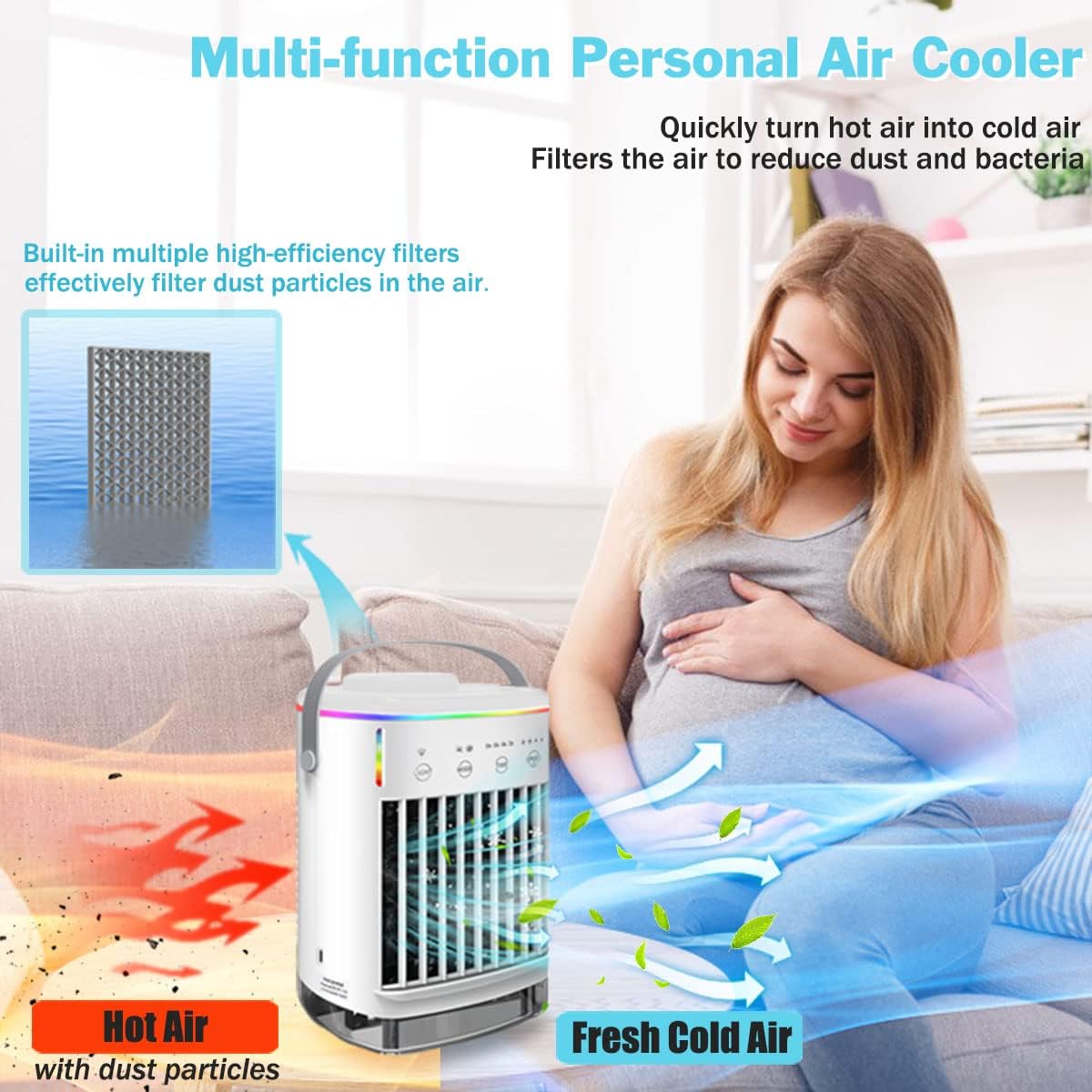 Portable Air Cooler, Mini Mobile Air Conditioner, RGB 7 LED Light, 4 Speeds, Timed function Modes Room Cooler, Air Coolers for Home, Office, Bedroom - Amazing Gadgets Outlet