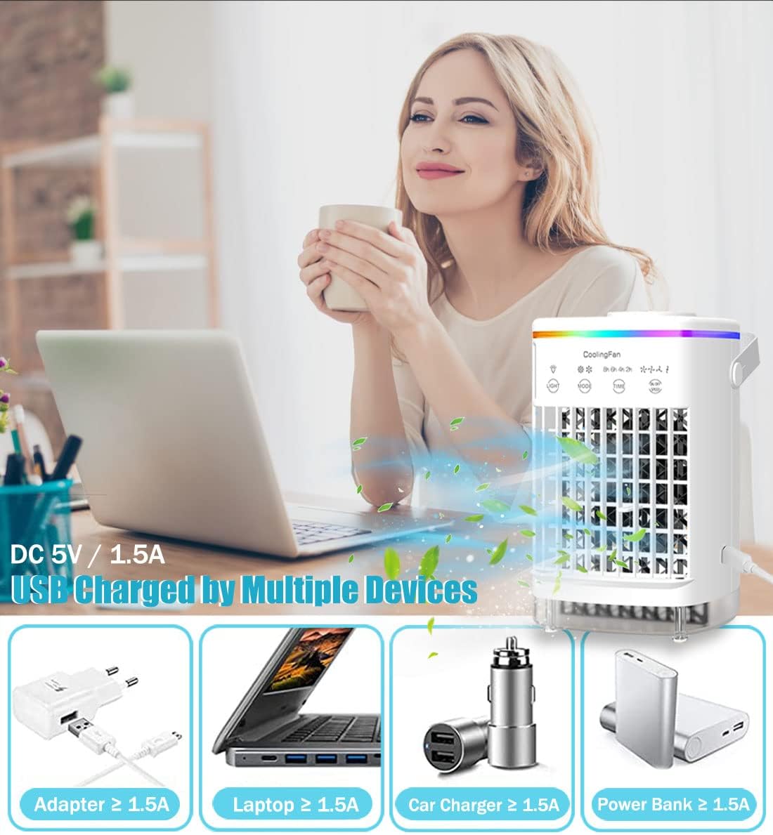 Portable Air Cooler, Mini Mobile Air Conditioner, RGB 7 LED Light, 4 Speeds, Timed function Modes Room Cooler, Air Coolers for Home, Office, Bedroom - Amazing Gadgets Outlet