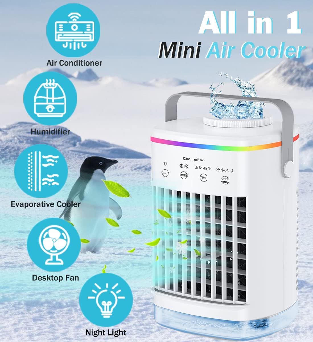 Portable Air Cooler, Mini Mobile Air Conditioner, RGB 7 LED Light, 4 Speeds, Timed function Modes Room Cooler, Air Coolers for Home, Office, Bedroom - Amazing Gadgets Outlet