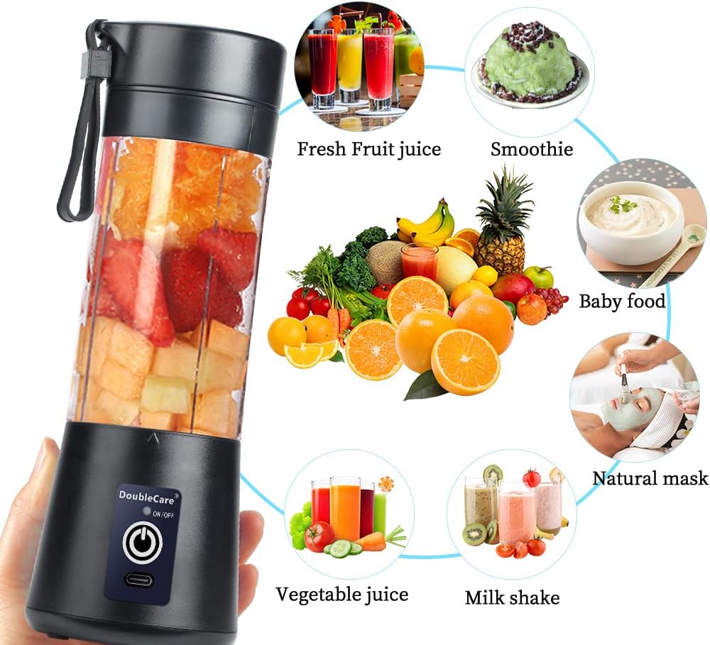 Portable Blender Cup,Electric USB Juicer Blender,Mini Blender Portable Blender For Shakes and Smoothies, juice,380ml, Six Blades Great for Mixing,Black - Amazing Gadgets Outlet