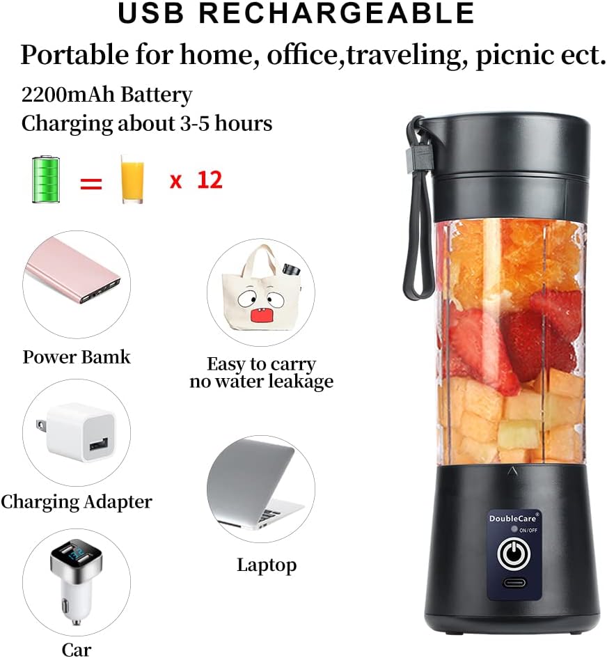 Portable Blender Cup,Electric USB Juicer Blender,Mini Blender Portable Blender For Shakes and Smoothies, juice,380ml, Six Blades Great for Mixing,Black - Amazing Gadgets Outlet