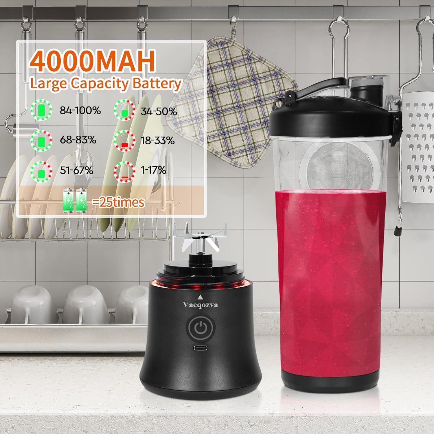 Portable Blender Smoothie Maker for Shakes and Smoothies,Vaeqozva 600ml Personal Blender,270W Mini Blender USB Rechargeable with 6 Blades,Smoothie Blender on the Go Cup for Travel Sports Office,Black - Amazing Gadgets Outlet