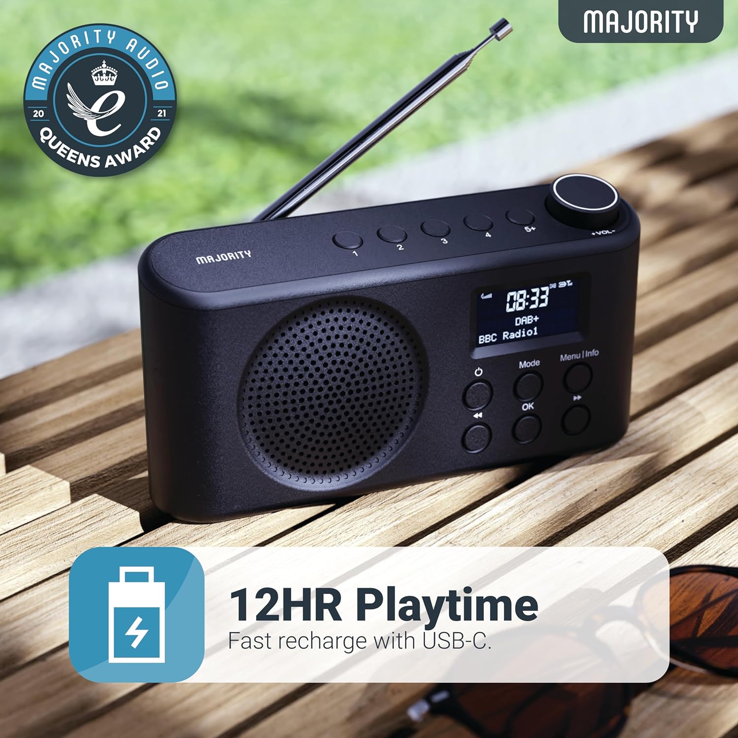 Portable Bluetooth DAB, DAB+ Radio | Rechargeable Battery or USB - C Cable Powered | 12 Hour Playback, LED Display, Headphone Jack | Dual Alarm, FM, 40+ Presets | MAJORITY Orwell - Amazing Gadgets Outlet