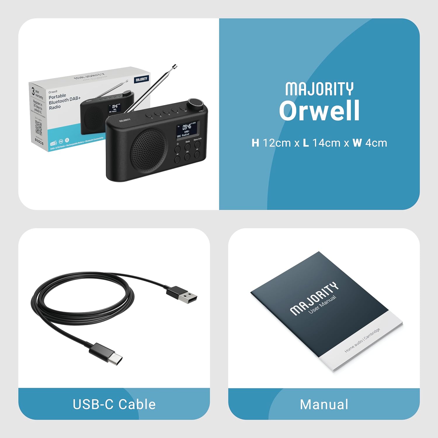 Portable Bluetooth DAB, DAB+ Radio | Rechargeable Battery or USB - C Cable Powered | 12 Hour Playback, LED Display, Headphone Jack | Dual Alarm, FM, 40+ Presets | MAJORITY Orwell - Amazing Gadgets Outlet