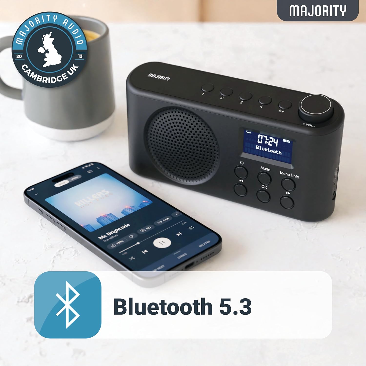 Portable Bluetooth DAB, DAB+ Radio | Rechargeable Battery or USB - C Cable Powered | 12 Hour Playback, LED Display, Headphone Jack | Dual Alarm, FM, 40+ Presets | MAJORITY Orwell - Amazing Gadgets Outlet