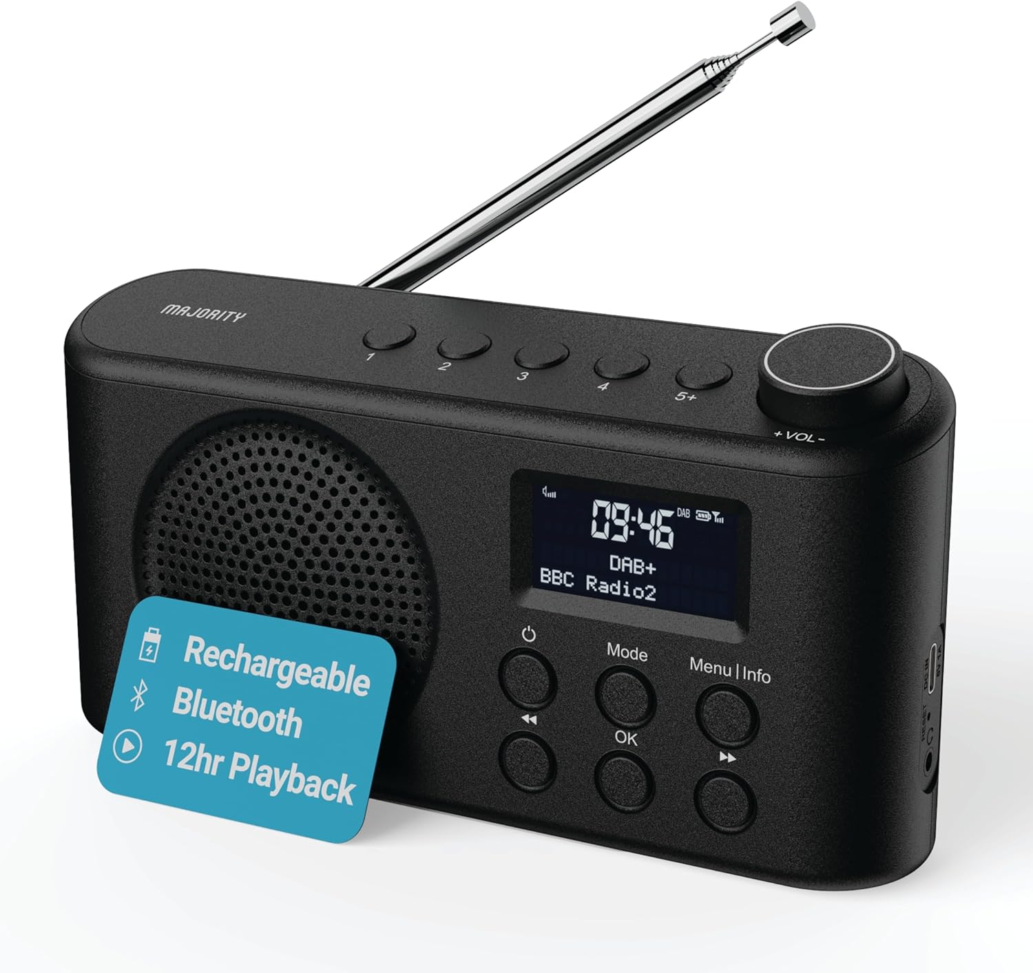 Portable Bluetooth DAB, DAB+ Radio | Rechargeable Battery or USB - C Cable Powered | 12 Hour Playback, LED Display, Headphone Jack | Dual Alarm, FM, 40+ Presets | MAJORITY Orwell - Amazing Gadgets Outlet