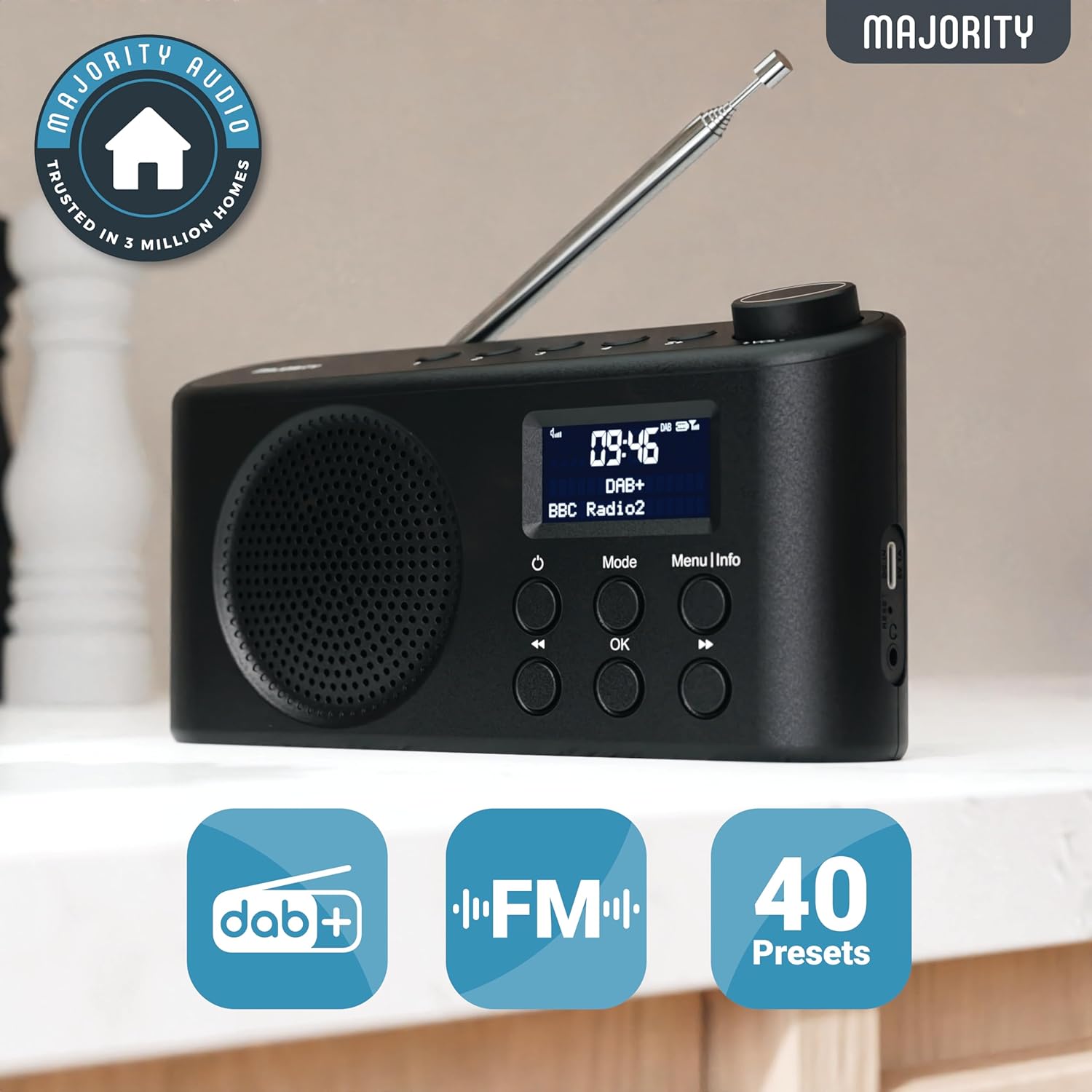 Portable Bluetooth DAB, DAB+ Radio | Rechargeable Battery or USB - C Cable Powered | 12 Hour Playback, LED Display, Headphone Jack | Dual Alarm, FM, 40+ Presets | MAJORITY Orwell - Amazing Gadgets Outlet