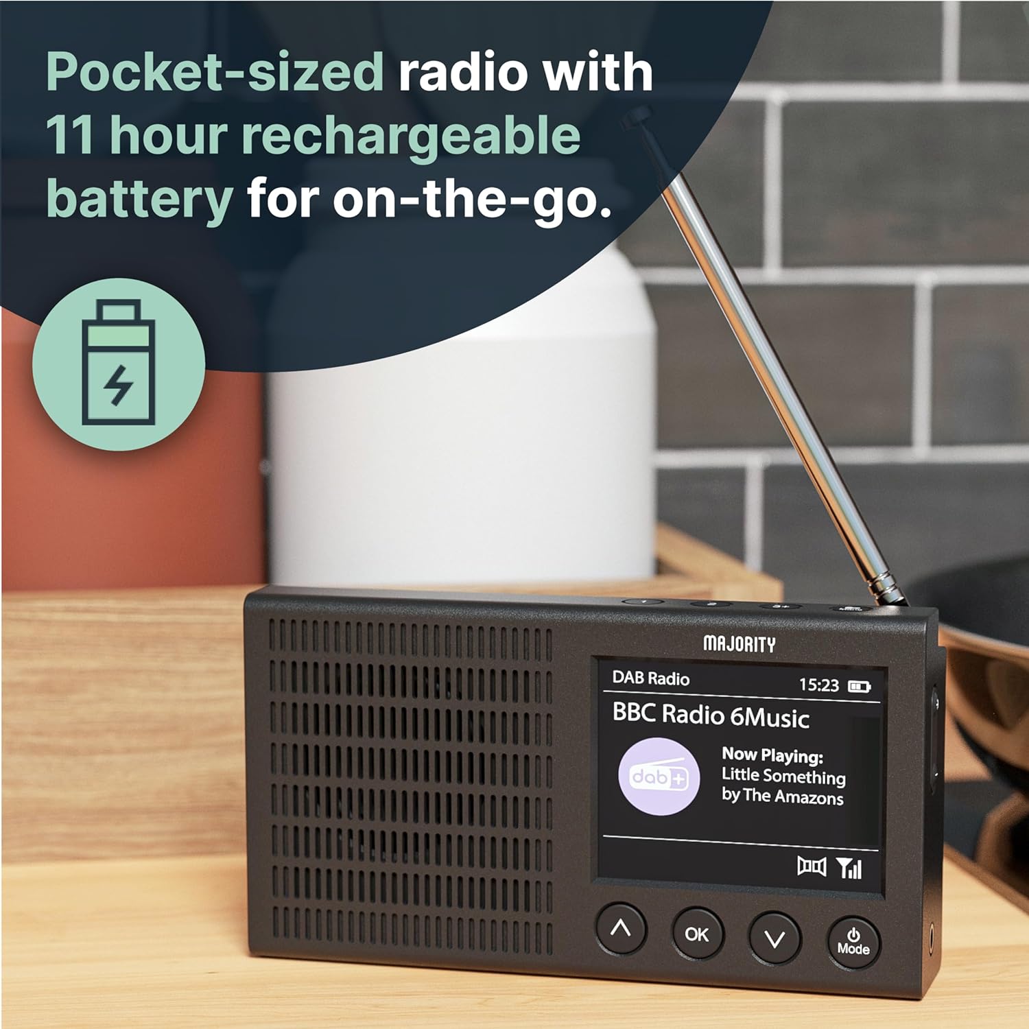 Portable Bluetooth DAB/DAB+ Radio | Rechargeable Battery Pocket Radio with 11 Hours Playback | FM Radio, Dual Alarm, 20 Presets, and Full Colour LED Display | USB, Headphone Jack | MAJORITY Eddington - Amazing Gadgets Outlet