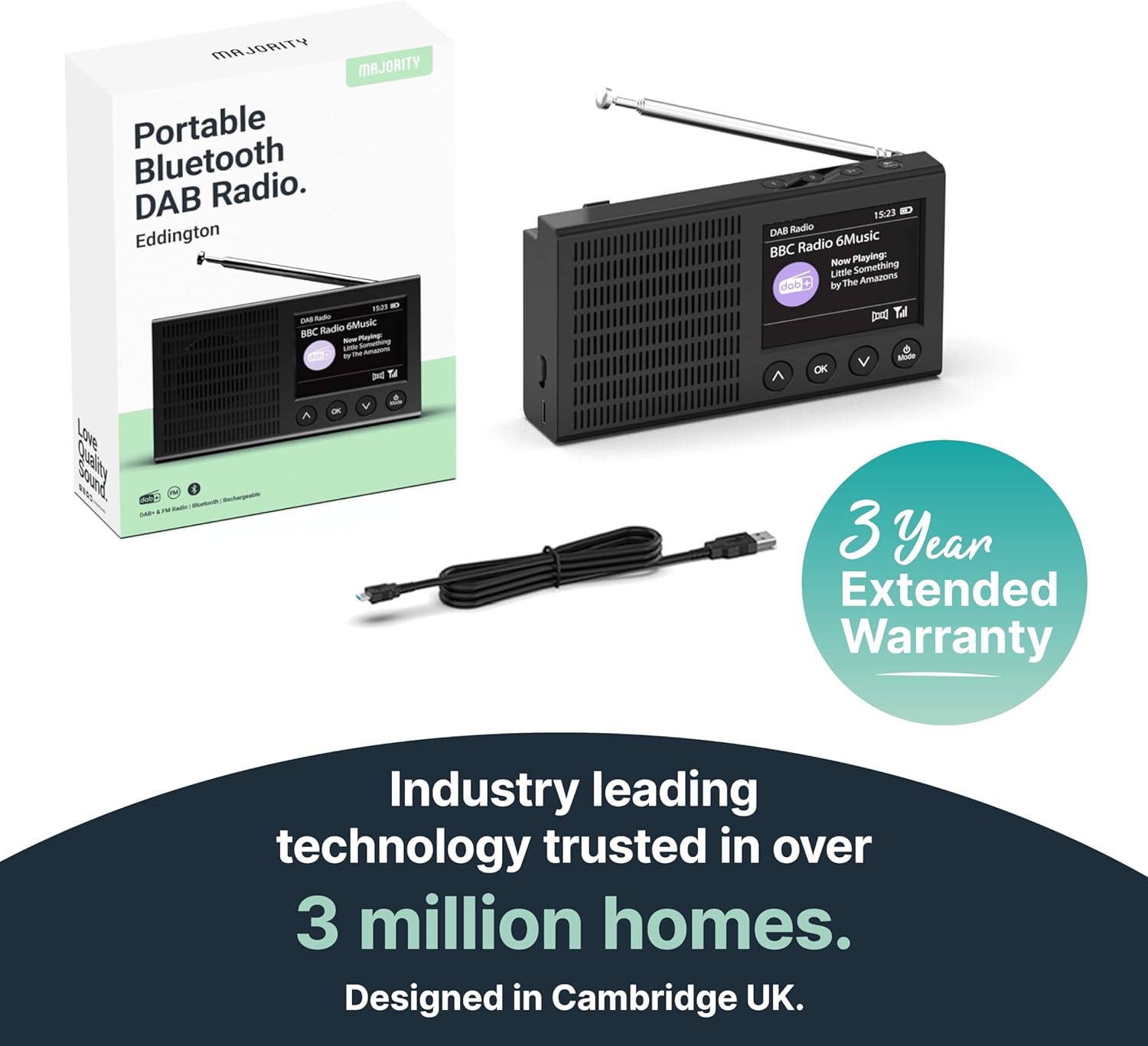 Portable Bluetooth DAB/DAB+ Radio | Rechargeable Battery Pocket Radio with 11 Hours Playback | FM Radio, Dual Alarm, 20 Presets, and Full Colour LED Display | USB, Headphone Jack | MAJORITY Eddington - Amazing Gadgets Outlet