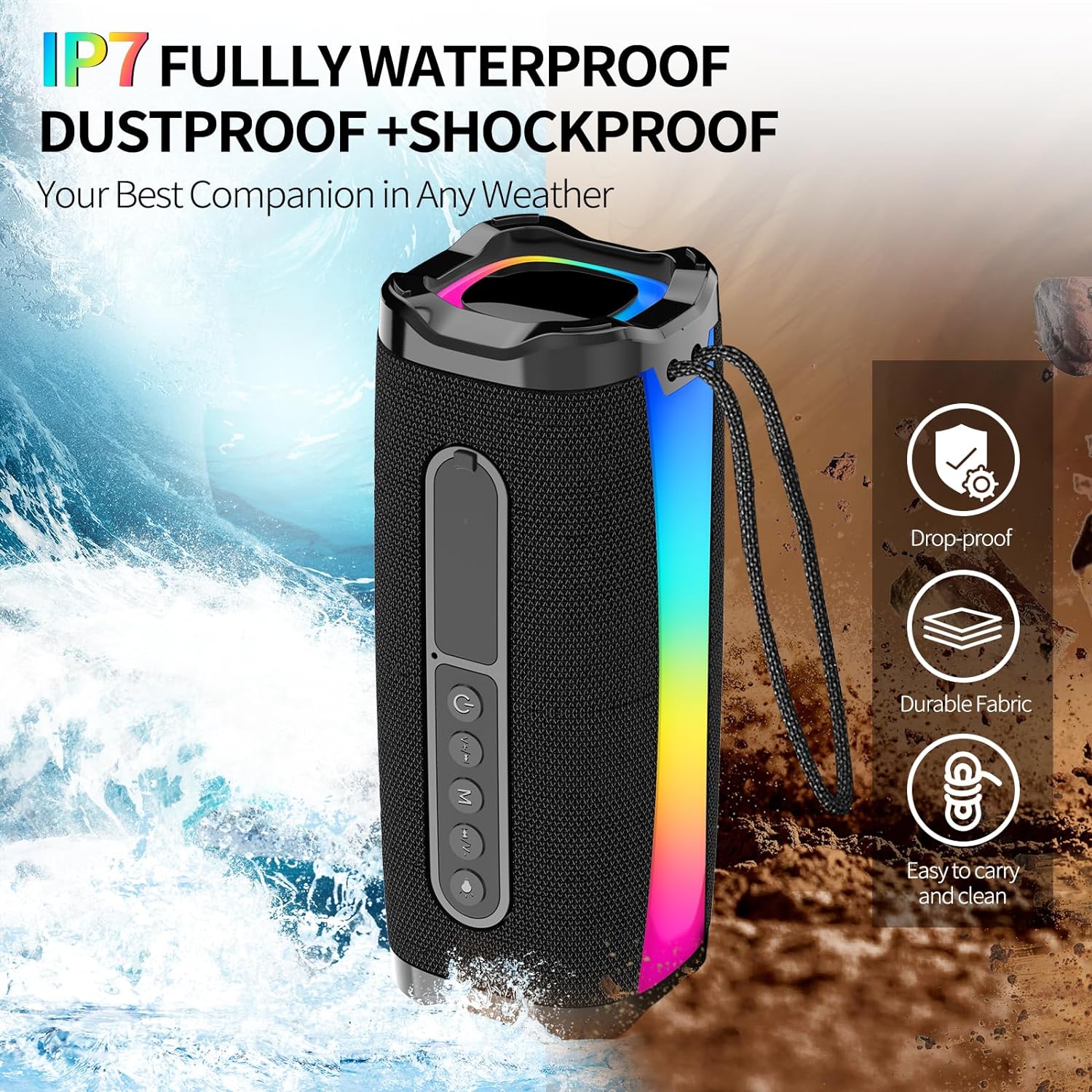 Portable Bluetooth Speakers, 20W Wireless Speaker with HD Loud Stereo Sound, 18H Playtime, Bluetooth 5.1, RGB Lights, FM, Built in Mic, IP7 Waterproof Speaker for Home, Outdoors, Travel, Birthday Gift - Amazing Gadgets Outlet