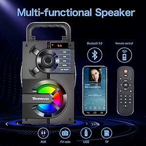 Portable Bluetooth Speakers with Subwoofer Wireless Stereo Sound Rich Bass, Outdoor Party Speaker Support Remote Control FM Radio LED Lights for Home, Travel, Camping - Amazing Gadgets Outlet