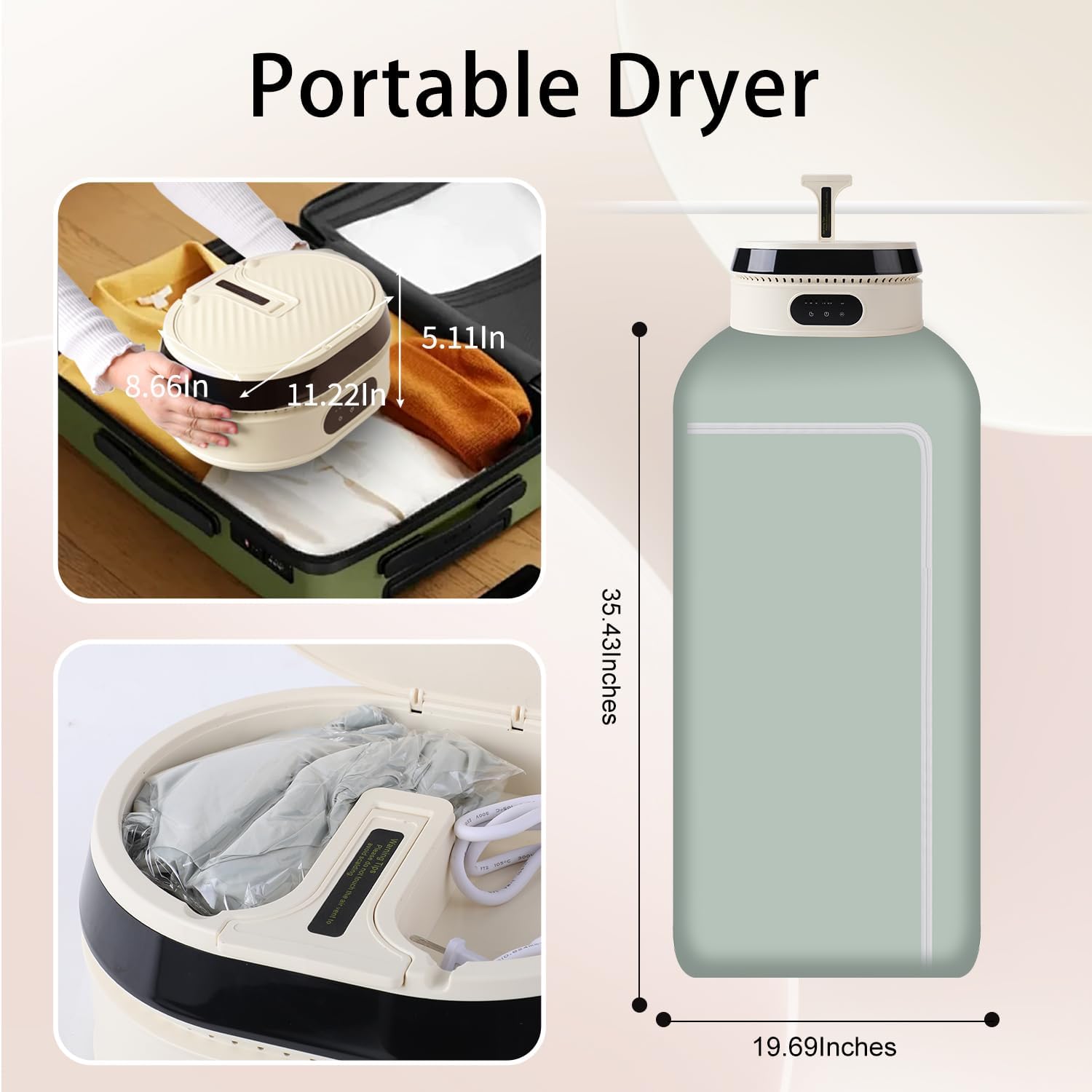 Portable Clothes Dryer, Compact Foldable Mini Dryer Machine, Portable Dryer For Apartment Home Travel RV Dorm, For Clothes, Underwear, Baby Clothes, Timer Function, LED UV, Hanger, Light Strip, Beige - Amazing Gadgets Outlet