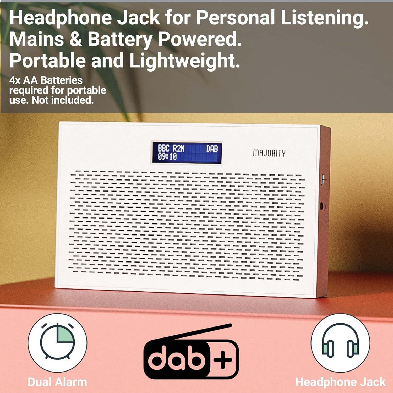 Portable DAB/DAB+ Digital Radio | 15 Hour Battery and Mains Powered | Kitchen FM Radio, 20 Presets | LED Display, 3.5mm Headphone Jack | Dual Alarm with Sleep Timer Function | MAJORITY Histon (White) - Amazing Gadgets Outlet